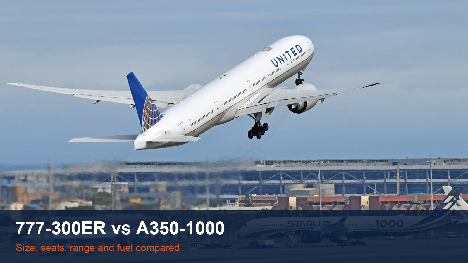 United Airlines Boeing 777-300ER taking off with a Starlux Airbus A350-1000 parked behind, with the words 777-300ER vs A350-1000