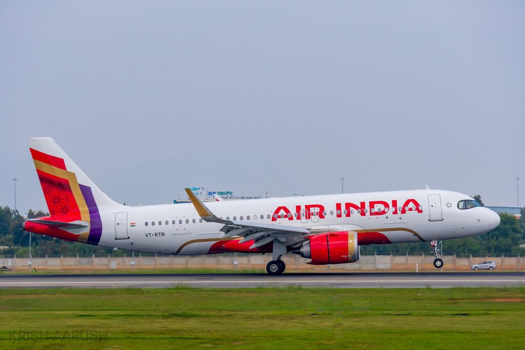 Air India Airbus A320neo registration VT-RTN in the new Air India livery taking off