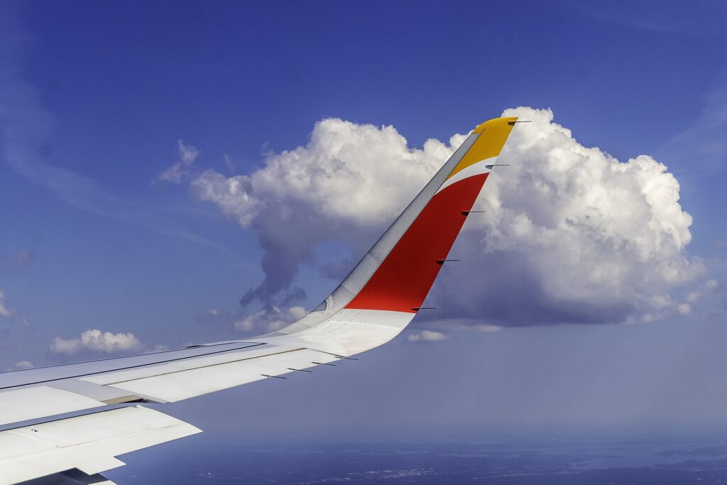 Sharklet wingtip of an Iberia Airbus A320neo in flight