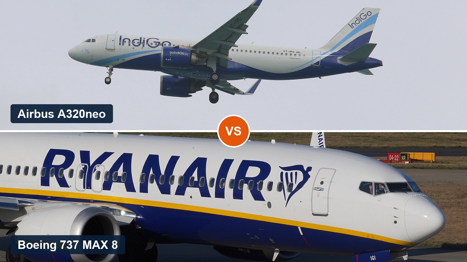 Airbus A320neo of IndiGo above a Boeing 737 MAX 8 of Ryanair, labelled for comparison