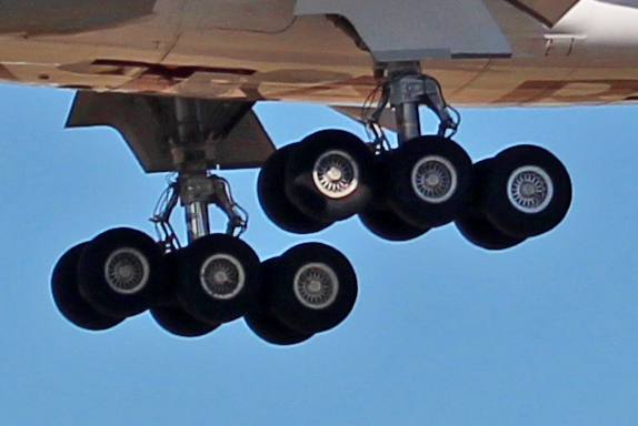 Two six-wheel main landing gear bogies of an Airbus A350-1000 seen from below