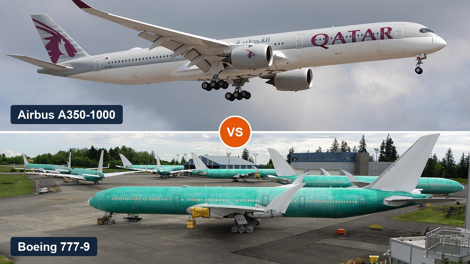 Qatar Airways Airbus A350-1000 above unpainted Boeing 777-9 aircraft, labelled for comparison
