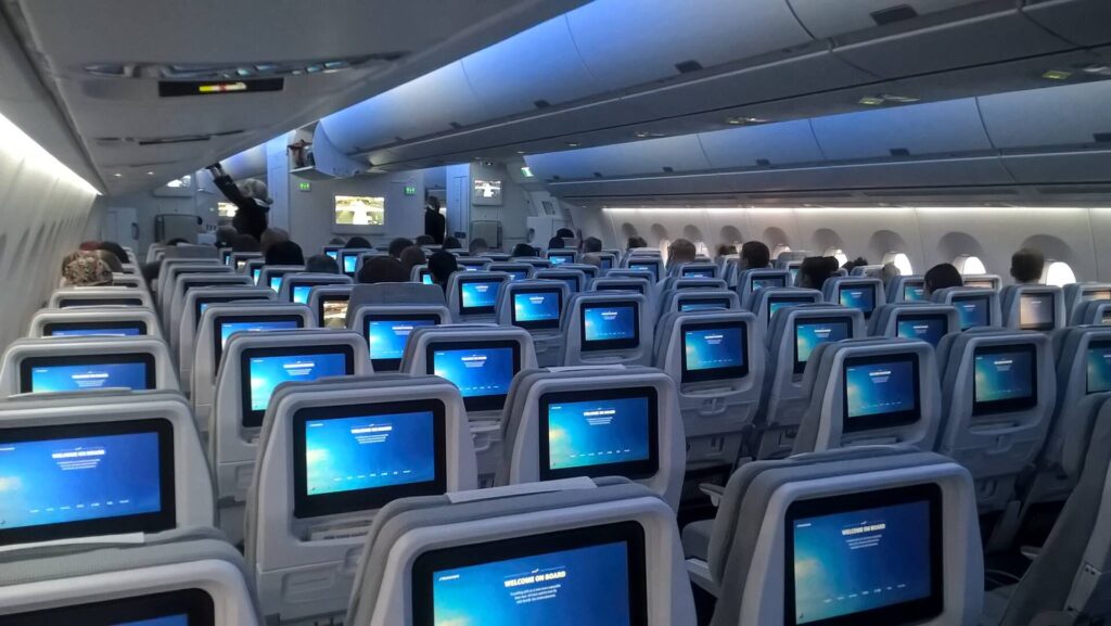 Economy cabin of a Finnair Airbus A350 with nine seats per row and two aisles