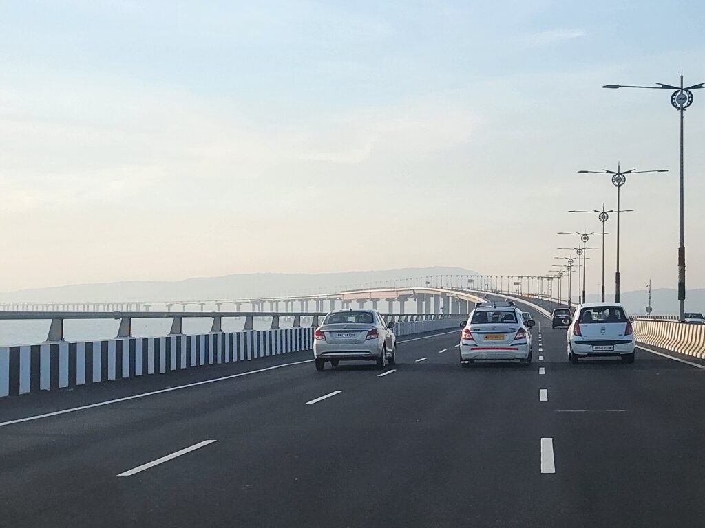 Cars driving on Atal Setu, the Mumbai Trans Harbour Link sea bridge