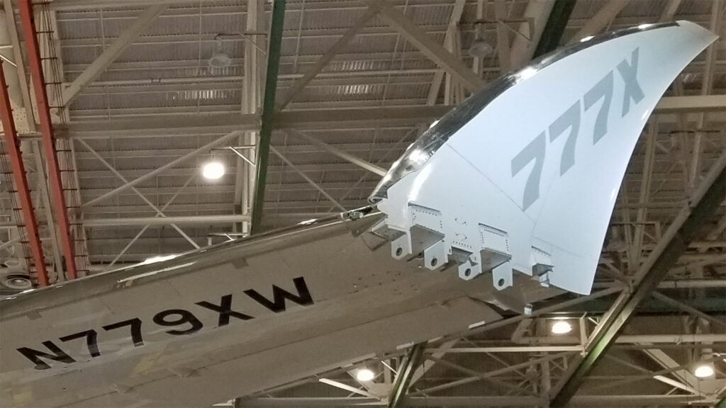Folded wingtip of the first Boeing 777-9, marked 777X, inside the factory