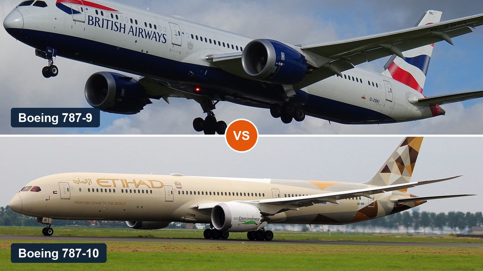 British Airways Boeing 787-9 above an Etihad Airways Boeing 787-10, labelled for comparison