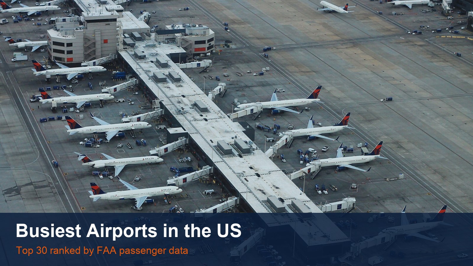 Aerial view of Concourse A at Atlanta Hartsfield-Jackson airport with many Delta jets at the gates, with the words Busiest Airports in the US