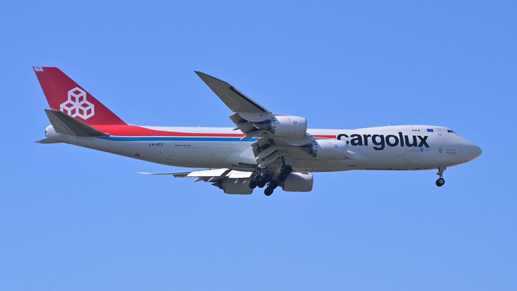 Cargolux Boeing 747-8F registration LX-VCG on final approach to Taoyuan airport