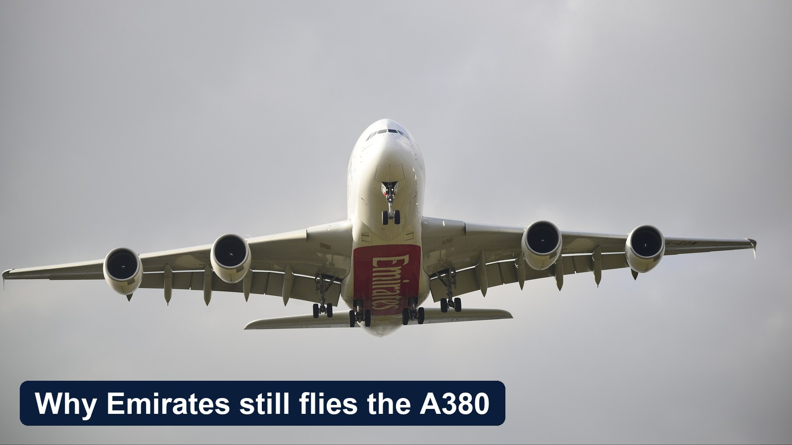 Emirates Airbus A380 seen head-on on final approach, showing its four engines