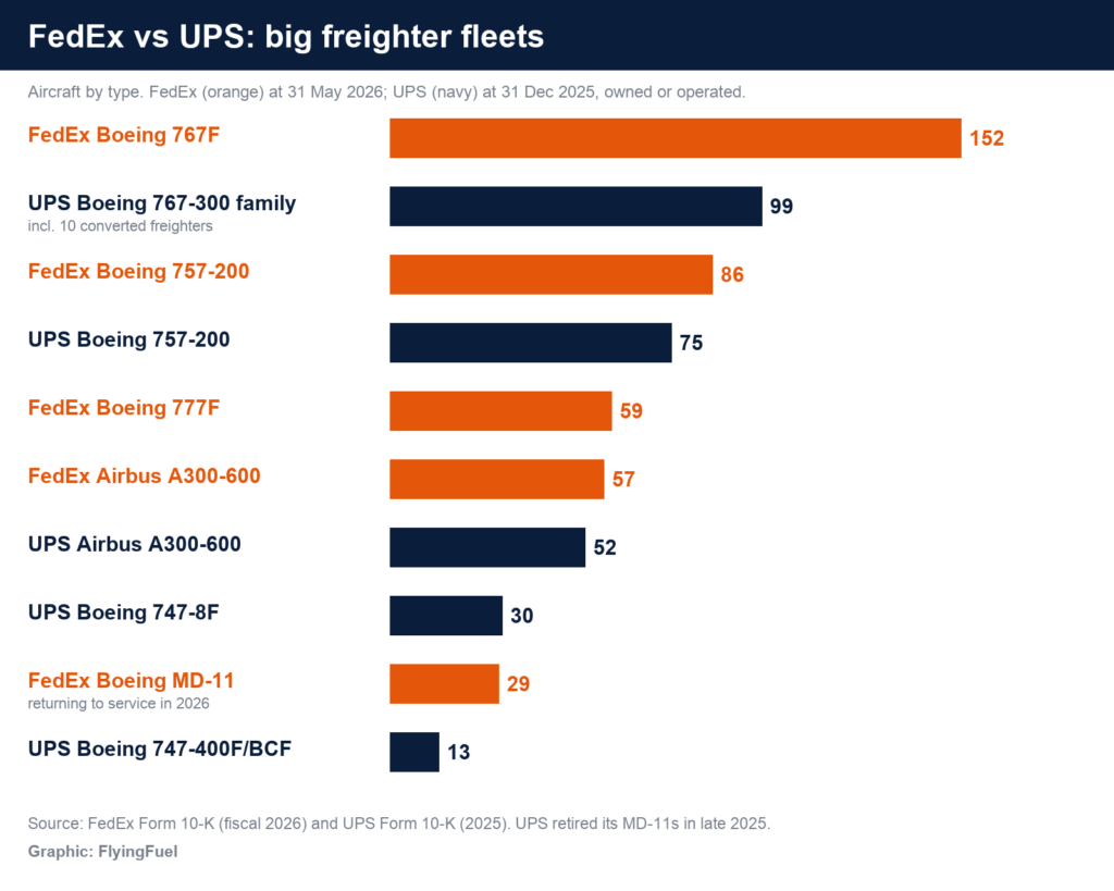 FlyingFuel bar chart of FedEx and UPS freighter fleets by type: FedEx 152 Boeing 767F, UPS 99 Boeing 767-300 family, FedEx 86 757-200, UPS 75 757-200, FedEx 59 777F, FedEx 57 A300-600, UPS 52 A300-600, UPS 30 747-8F, FedEx 29 MD-11 and UPS 13 747-400F and BCF