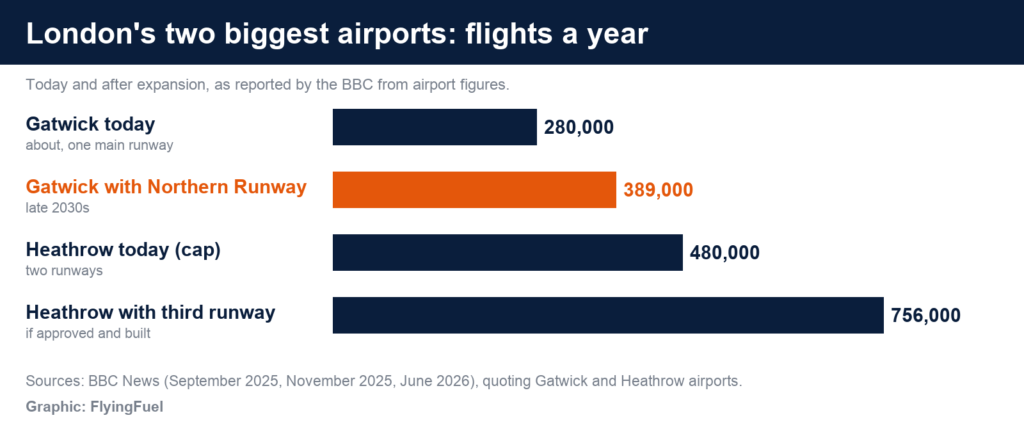 FlyingFuel bar chart of flights a year: Gatwick about 280,000 today and 389,000 with the Northern Runway by the late 2030s; Heathrow 480,000 cap today and 756,000 with a third runway