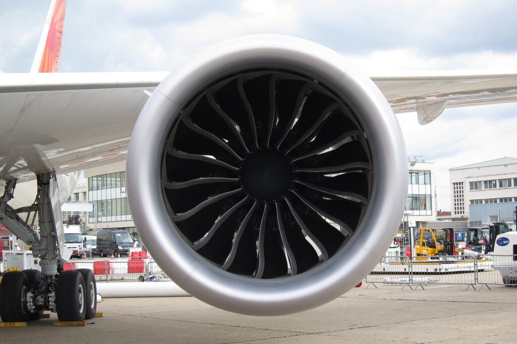 Front view of a General Electric GEnx-1B engine under the wing of a Boeing 787