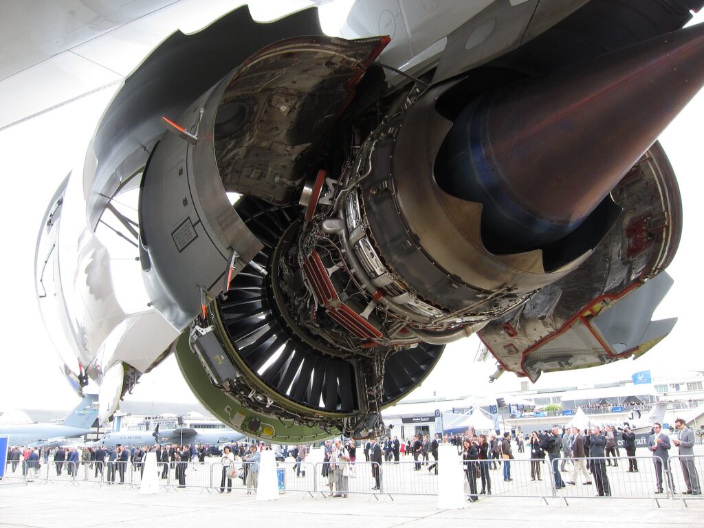 General Electric GEnx-2B engine with a serrated nacelle edge on the Boeing 747-8I prototype