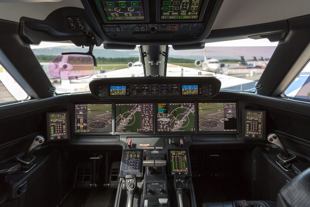 Gulfstream Symmetry flight deck with touch-screen displays and side-stick controllers