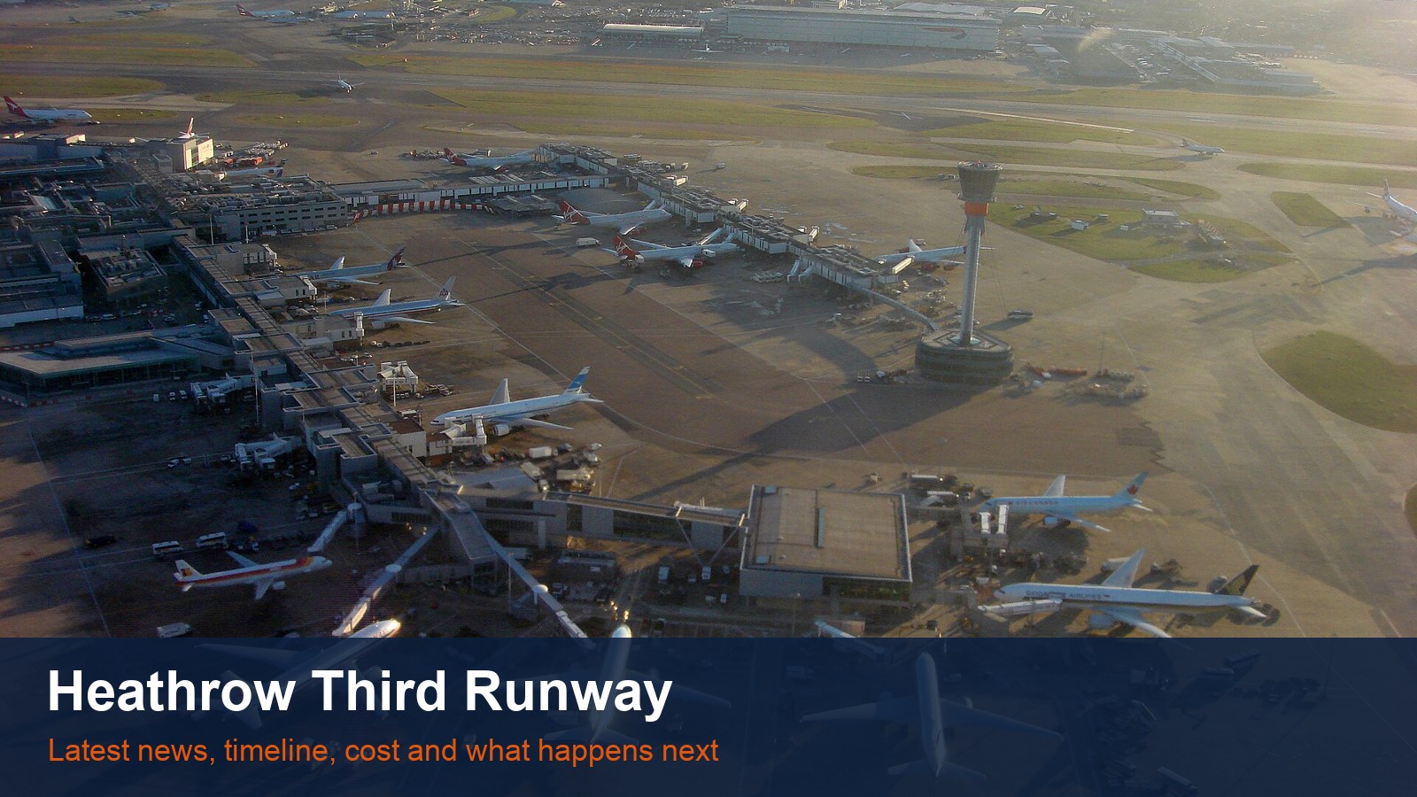 Aerial view of London Heathrow Airport terminals and parked aircraft at sunset, with the words Heathrow Third Runway
