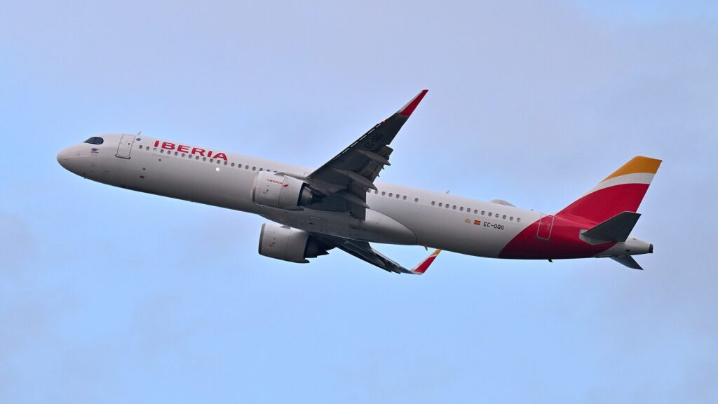 Iberia Airbus A321XLR registration EC-OQG climbing after take-off from Boston