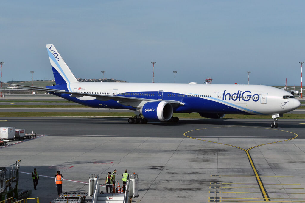 Boeing 777-300ER in IndiGo livery with Turkish registration TC-LKD at Istanbul Airport