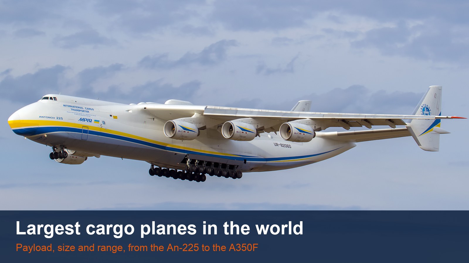 Antonov An-225 Mriya in flight with the words Largest cargo planes in the world