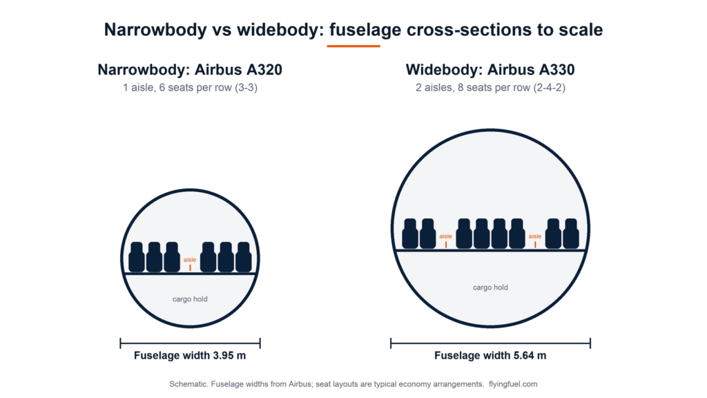 Cross-section diagram comparing an Airbus A320 narrowbody fuselage, 3.95 m wide with one aisle, and an Airbus A330 widebody fuselage, 5.64 m wide with two aisles