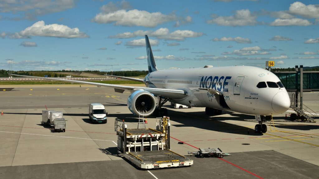 Norse Atlantic Airways Boeing 787-9 parked at a gate at Oslo Gardermoen airport