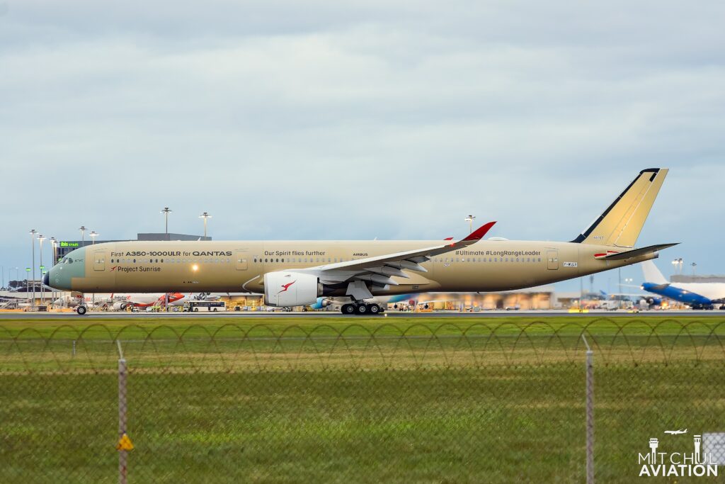 Airbus A350-1000ULR test aircraft in Qantas Project Sunrise colours at Melbourne Airport