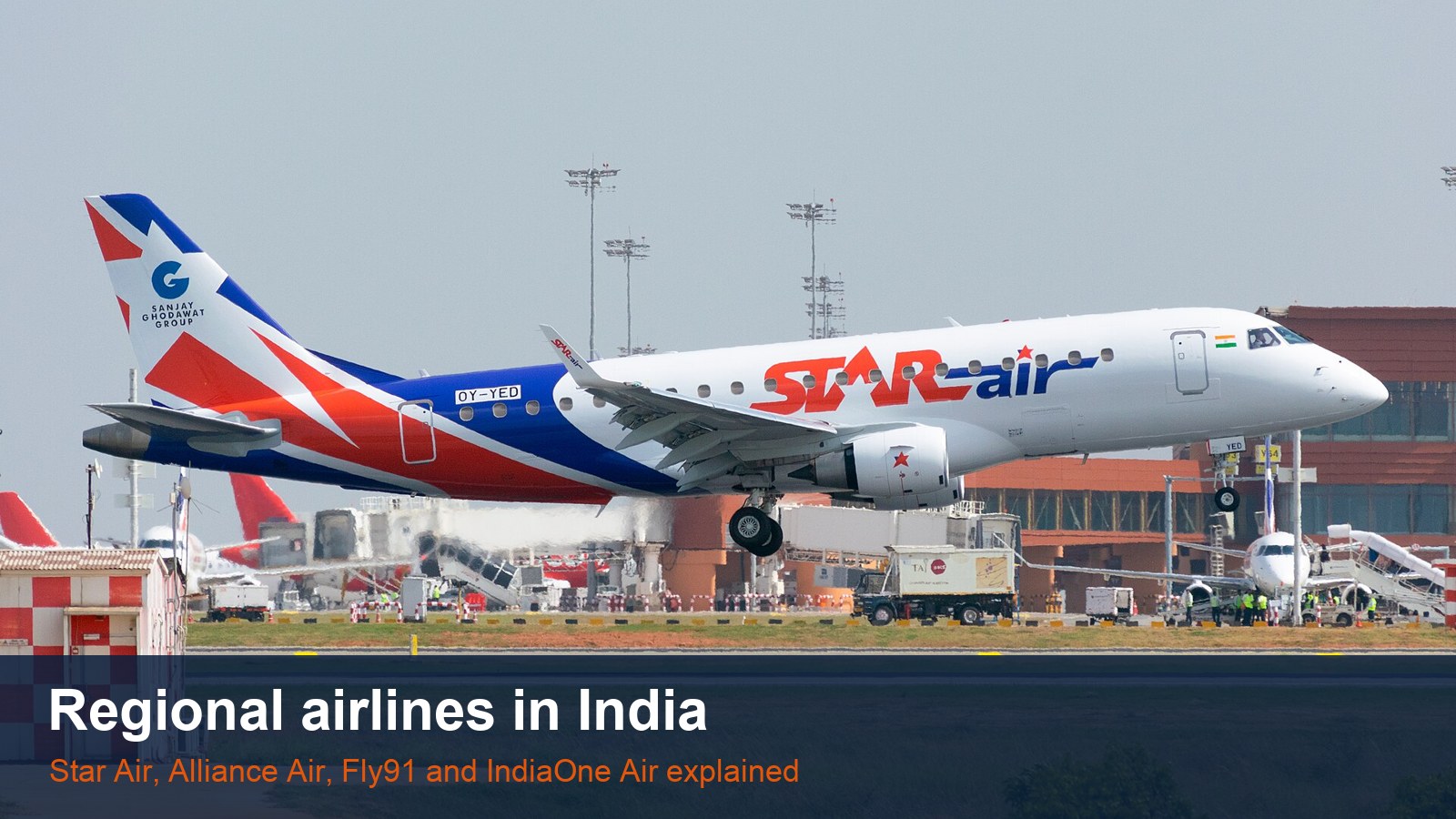 Star Air Embraer E175 regional jet landing, with the words Regional airlines in India