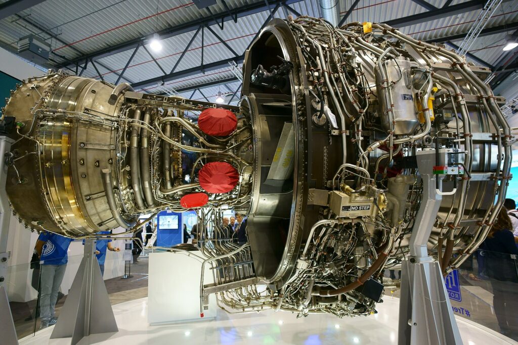 Rolls-Royce Trent XWB engine on display with its covers removed