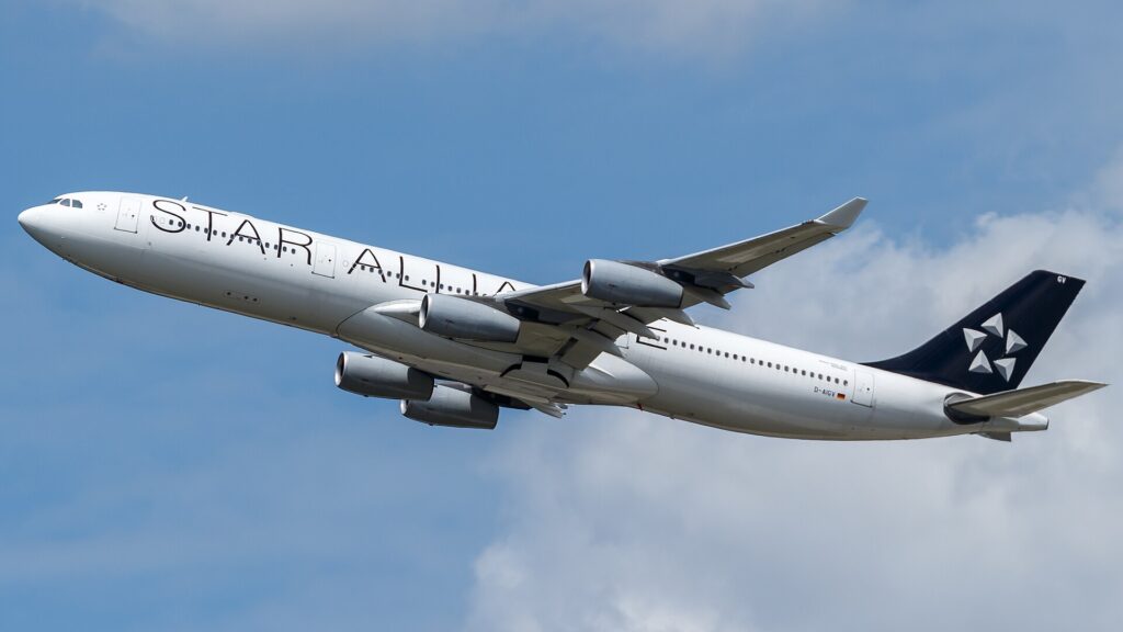 Lufthansa Airbus A340-300 painted in Star Alliance livery taking off