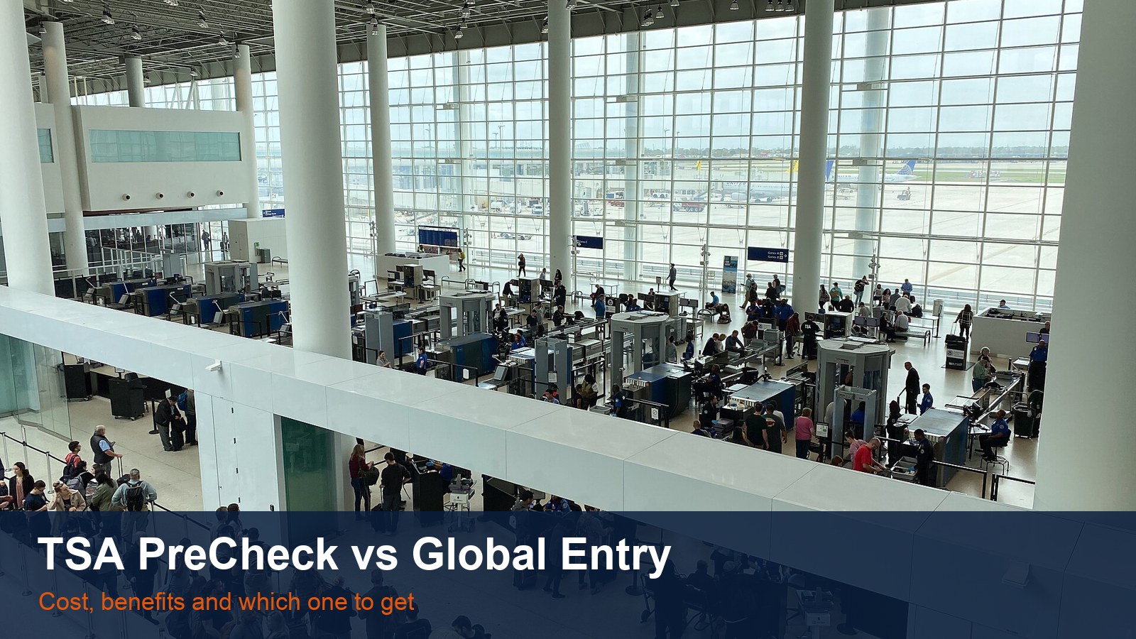 Passengers queuing at a TSA security checkpoint inside a bright airport terminal, with the words TSA PreCheck vs Global Entry