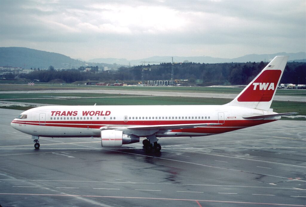 TWA Boeing 767-200 in red and white Trans World livery parked at Zurich airport in 1985