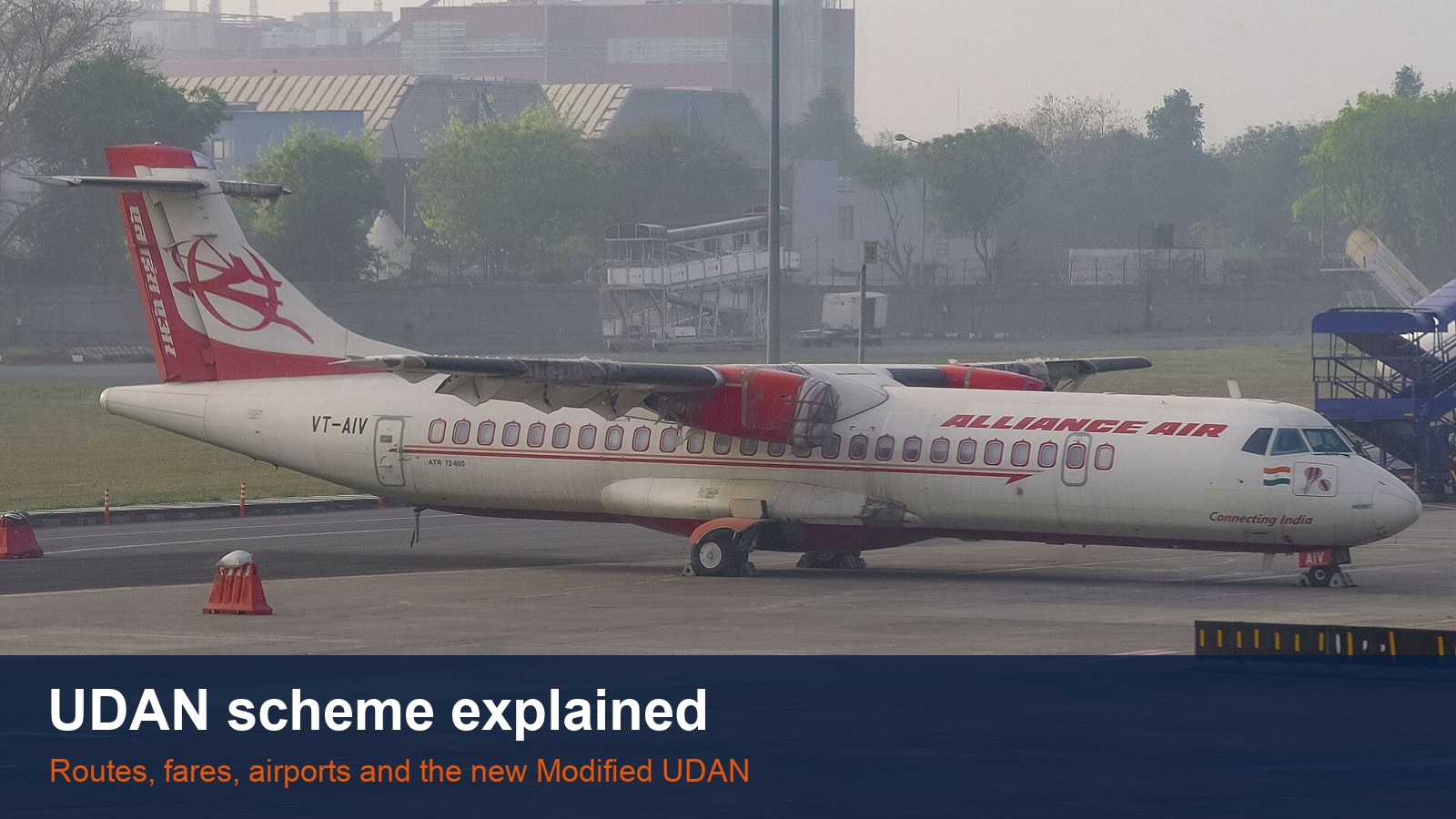 Alliance Air ATR 72-600 turboprop on the apron with the words UDAN scheme explained