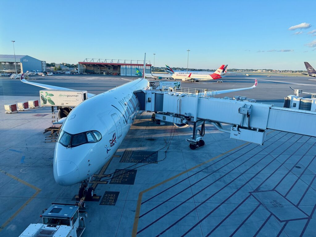 A Virgin Atlantic Airbus A350-1000 parked at an airport gate