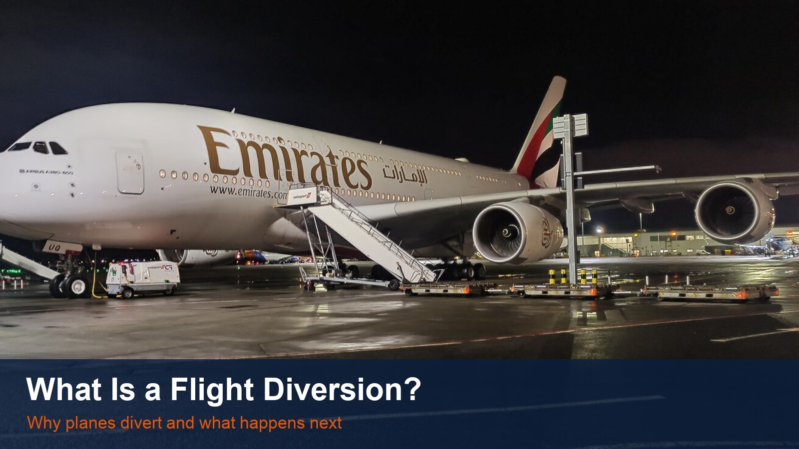 An Emirates Airbus A380 parked at night at Glasgow Airport after a diversion, with the words What Is a Flight Diversion?