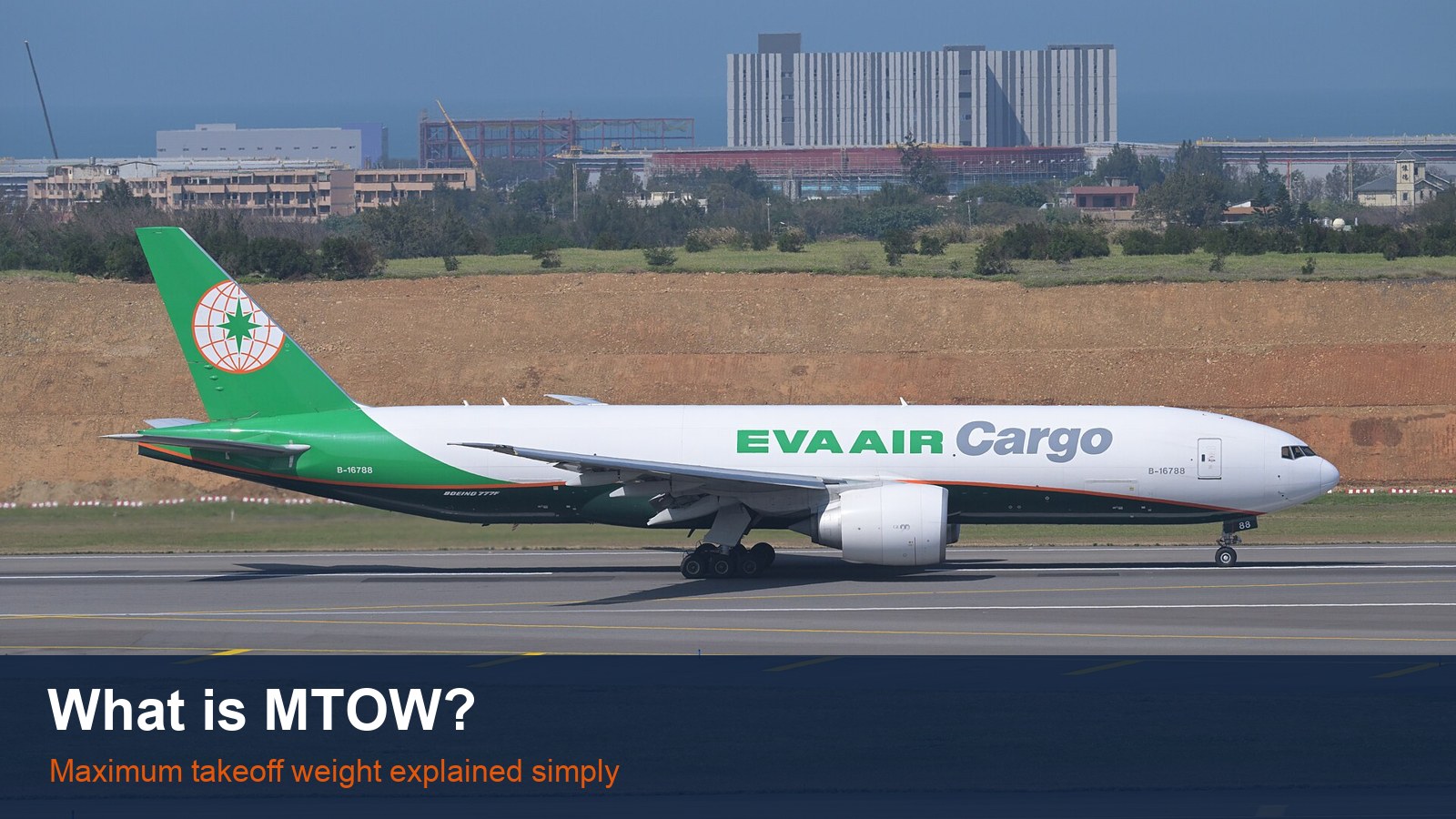 EVA Air Cargo Boeing 777F accelerating on the runway for take-off, with the words What is MTOW?